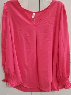 Flowy V-Neck Long Sleeve Blouse in Bright Pink